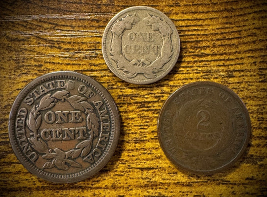 1847 Large Cent 1857 Flying Eagle 1864 Two Cent Lot Of 3 Obsolete Type Coins #21