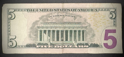 2021 $5 Five Dollar Federal Reserve Note Circulated Low Serial Star QJ00157326*1