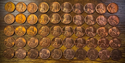 1949-D Lincoln Wheat Cent Penny Red Lustrous BU Uncirculated Roll Of 50 Coins0