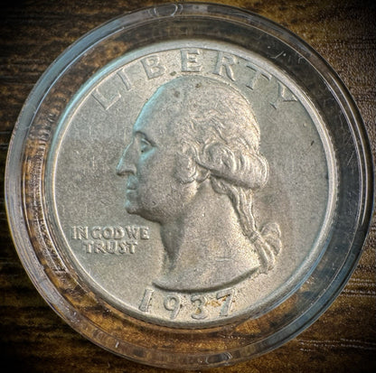 1937 Silver Washington Quarter AU/BU About/Brilliant Uncirculated In Capsule0