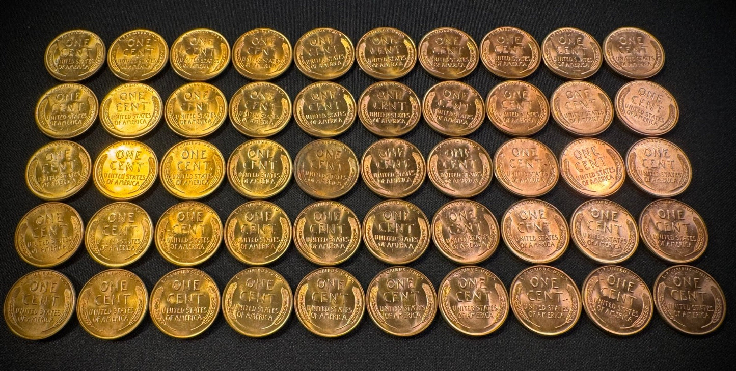 1957-D Lincoln Wheat Cent Penny RED LUSTROUS Uncirculated Roll Of 50 Coins5