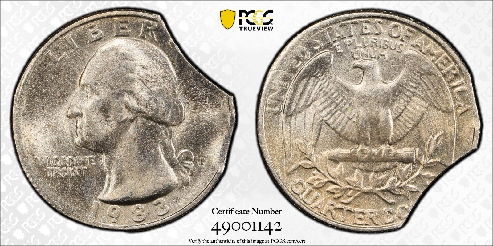 1983-P Washington Quarter PCGS MS63 MINT ERROR 7% Double Curved Clip TRUE VIEW0