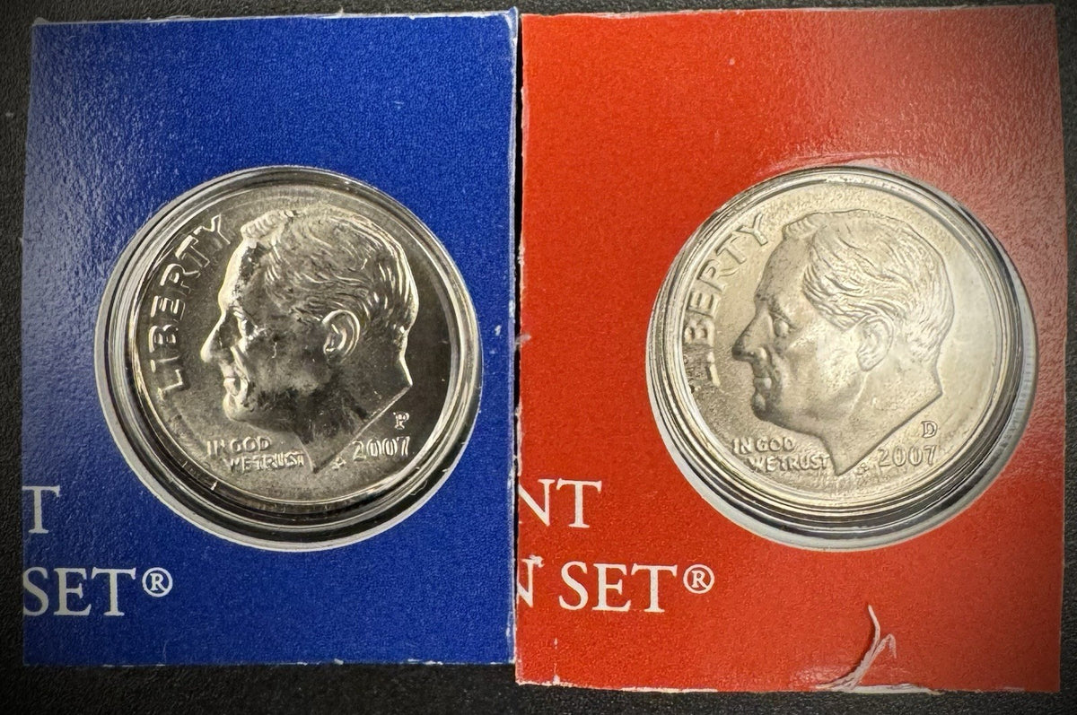 2007 P D Satin Finish Roosevelt Dime 2 Coin Lot From US Mint Uncirculated Set0