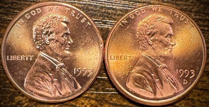1993 P & D Lincoln Memorial Cent BU 2 Coin Set From Original Rolls0