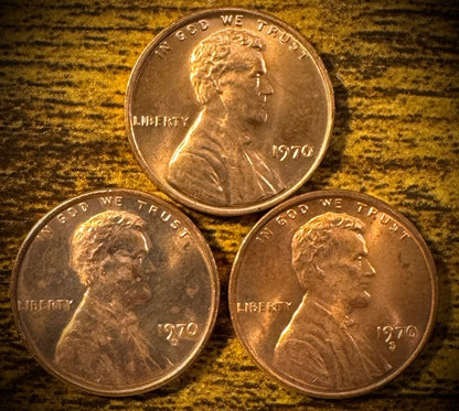 1970 Lincoln Memorial Cent P D S Uncirculated 3 Coin Lot From Original Rolls0