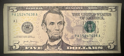 2017 $5 Five Dollar Federal Reserve Note Circulated Scrambled Ladder PA15247638A0