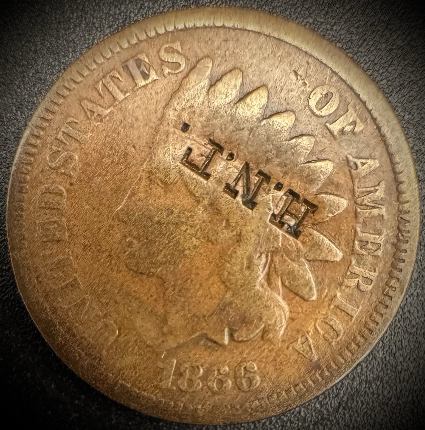 1866 Indian Head Cent Penny Counterstamped H. N. T. SEMI-KEY Date Coin0