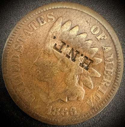 1866 Indian Head Cent Penny Counterstamped H. N. T. SEMI-KEY Date Coin0