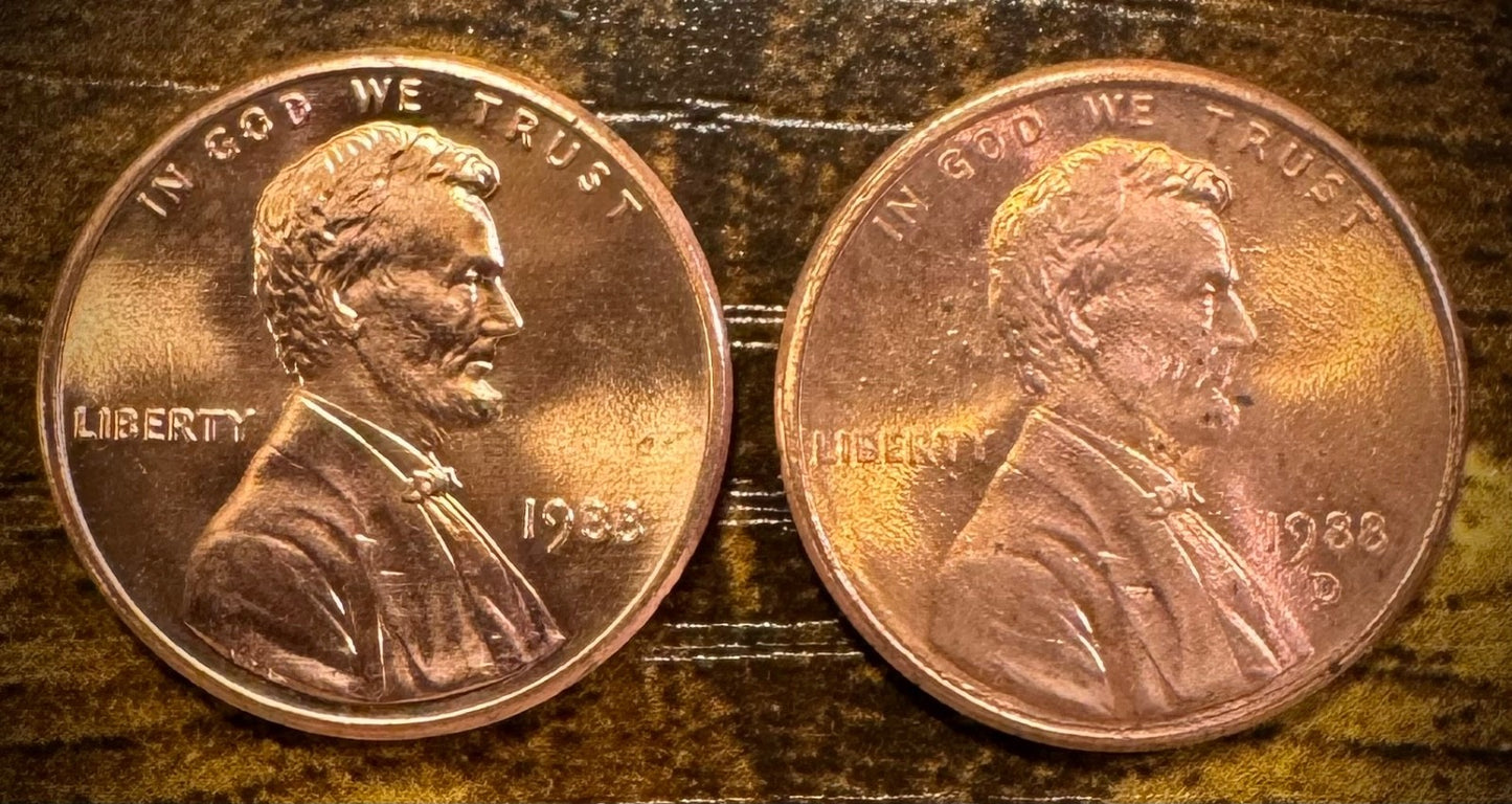 1988 P & D Lincoln Memorial Cent BU 2 Coin Set From Original Rolls0