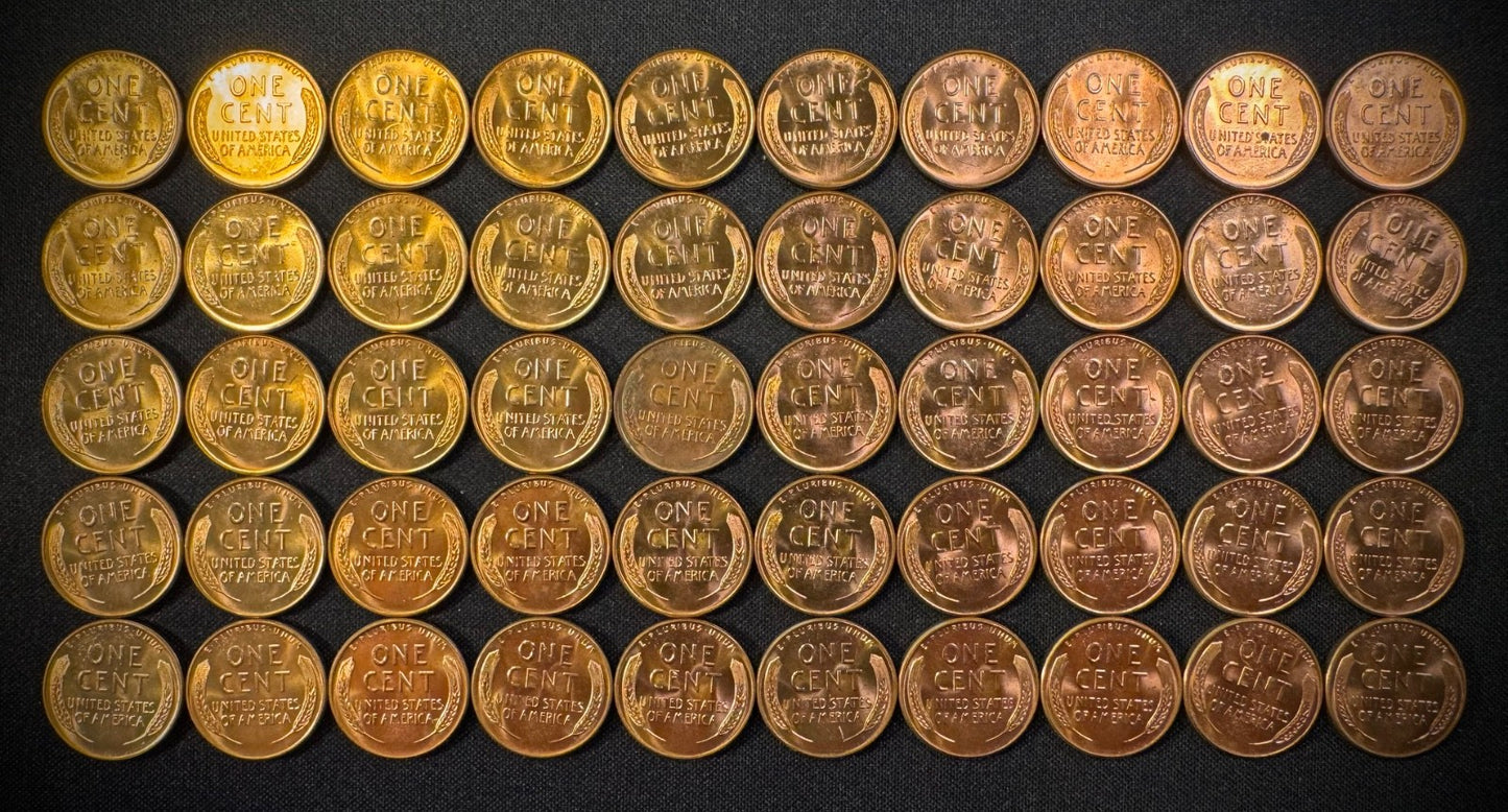 1957-D Lincoln Wheat Cent Penny RED LUSTROUS Uncirculated Roll Of 50 Coins4