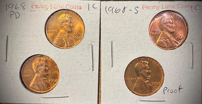 1968 P D S + S Lincoln Memorial Cent UNCIRCULATED + PROOF 4 Coin Lot0