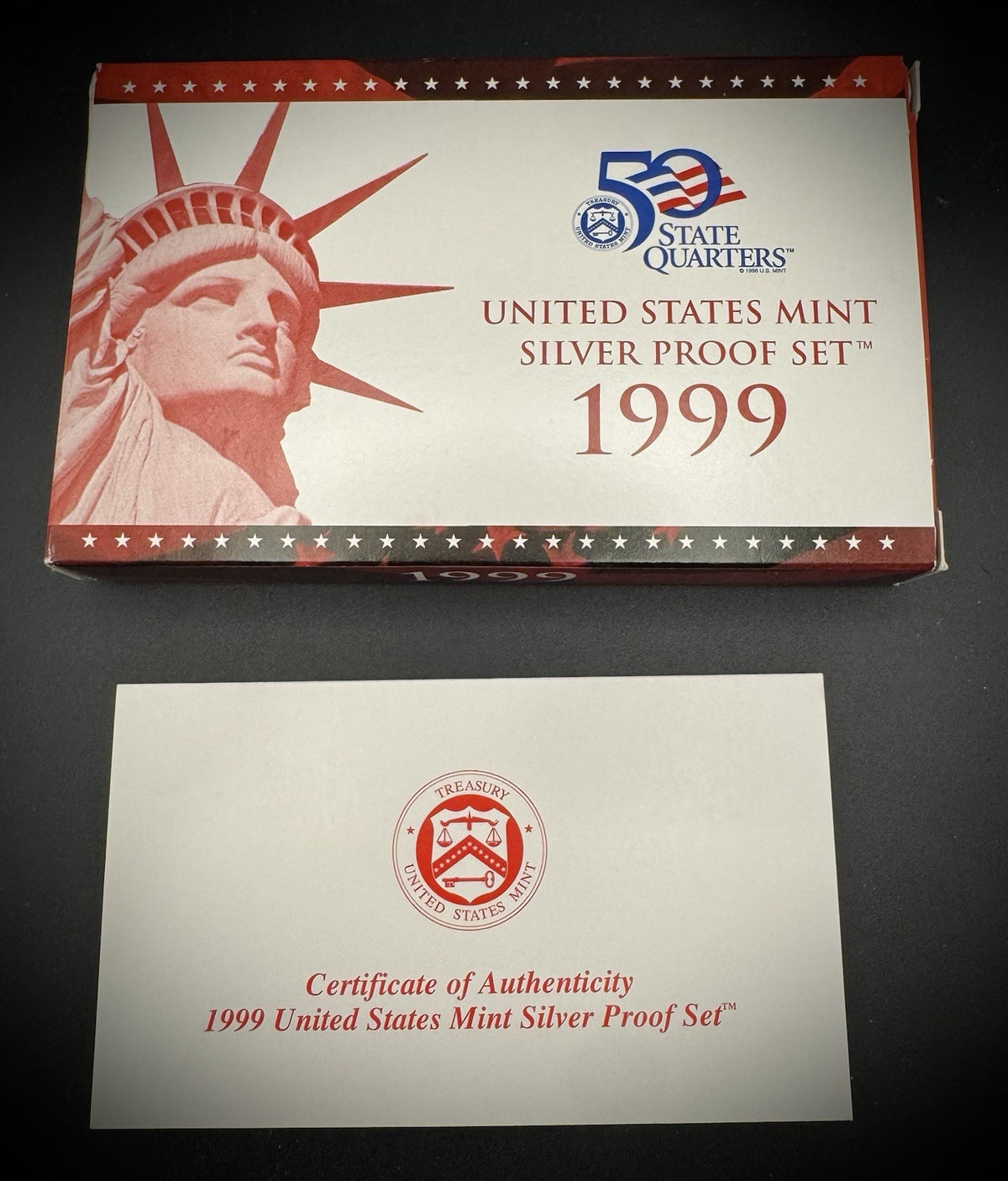 1999-S 90% SILVER America the Beautiful PROOF Quarter Set w 1999 US MINT Box COA3