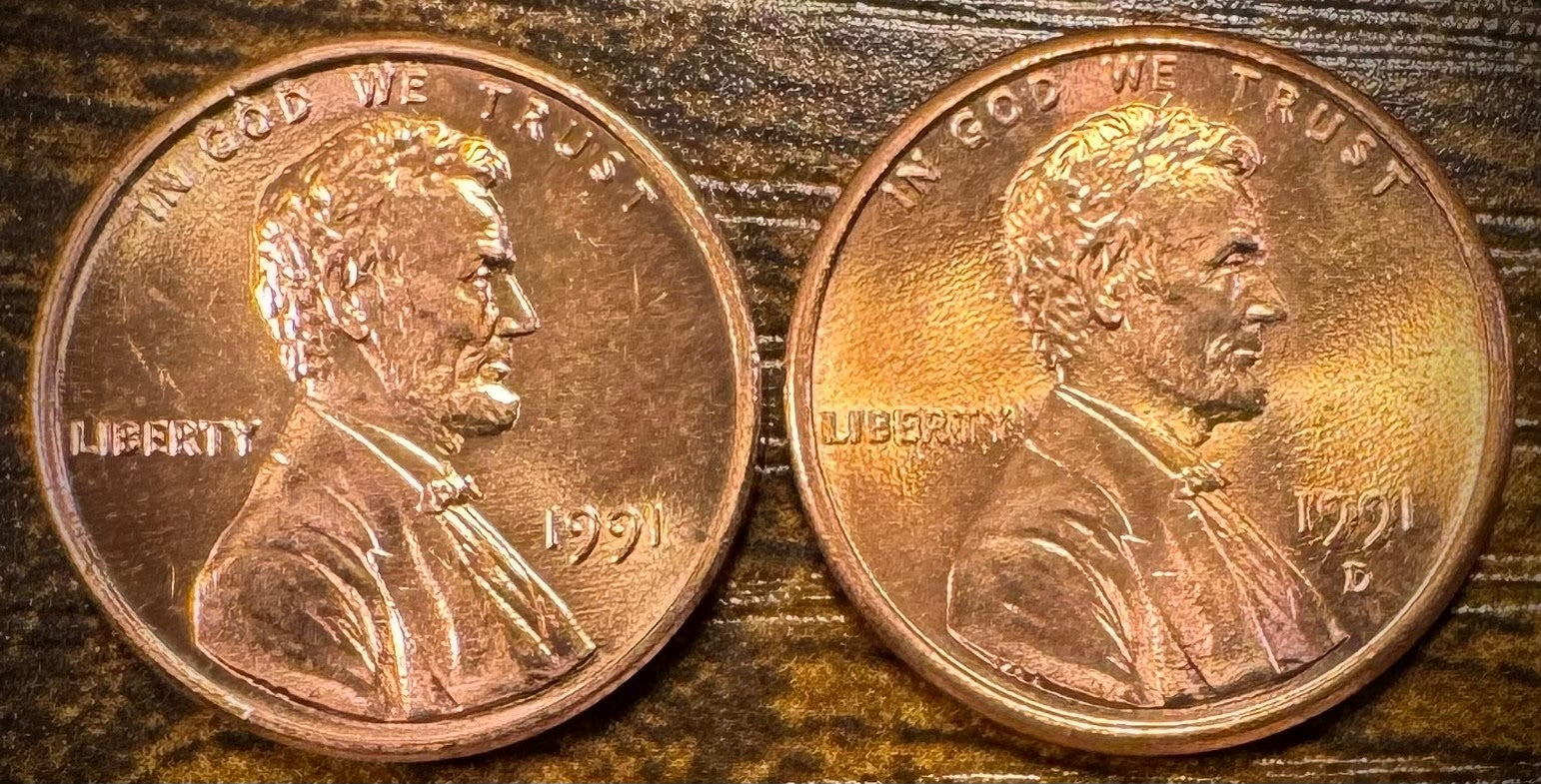 1991 P & D Lincoln Memorial Cent BU 2 Coin Set From Original Rolls0