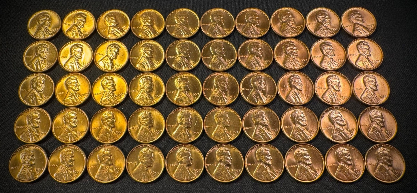 1957-D Lincoln Wheat Cent Penny RED LUSTROUS Uncirculated Roll Of 50 Coins1