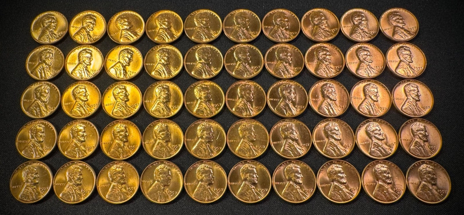 1957-D Lincoln Wheat Cent Penny RED LUSTROUS Uncirculated Roll Of 50 Coins1