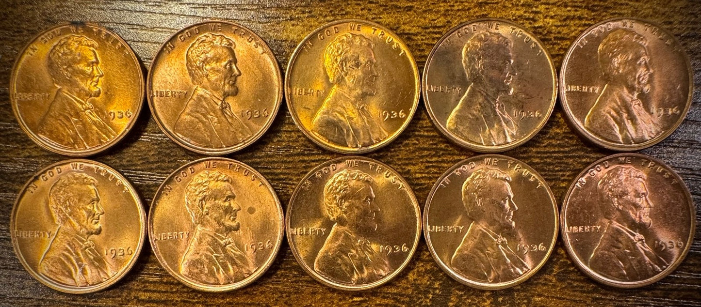 1936 Lincoln Wheat Cent Brilliant Uncirculated Red Lot Of 10 Coins0