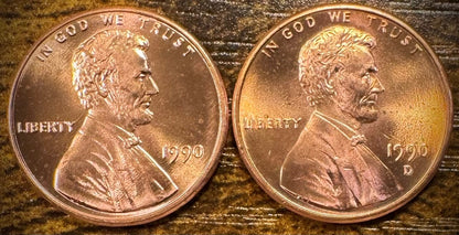 1990 P & D Lincoln Memorial Cent BU 2 Coin Set From Original Rolls0