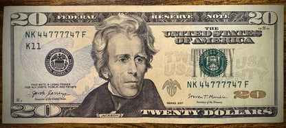 2017 $20 Twenty Dollar Bill Note FRN NK44777747F BINARY 4s & 7s0