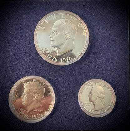 1776-1976 S US Bicentennial 3 Coin 40% Silver PROOF Set w Original Package & COA2