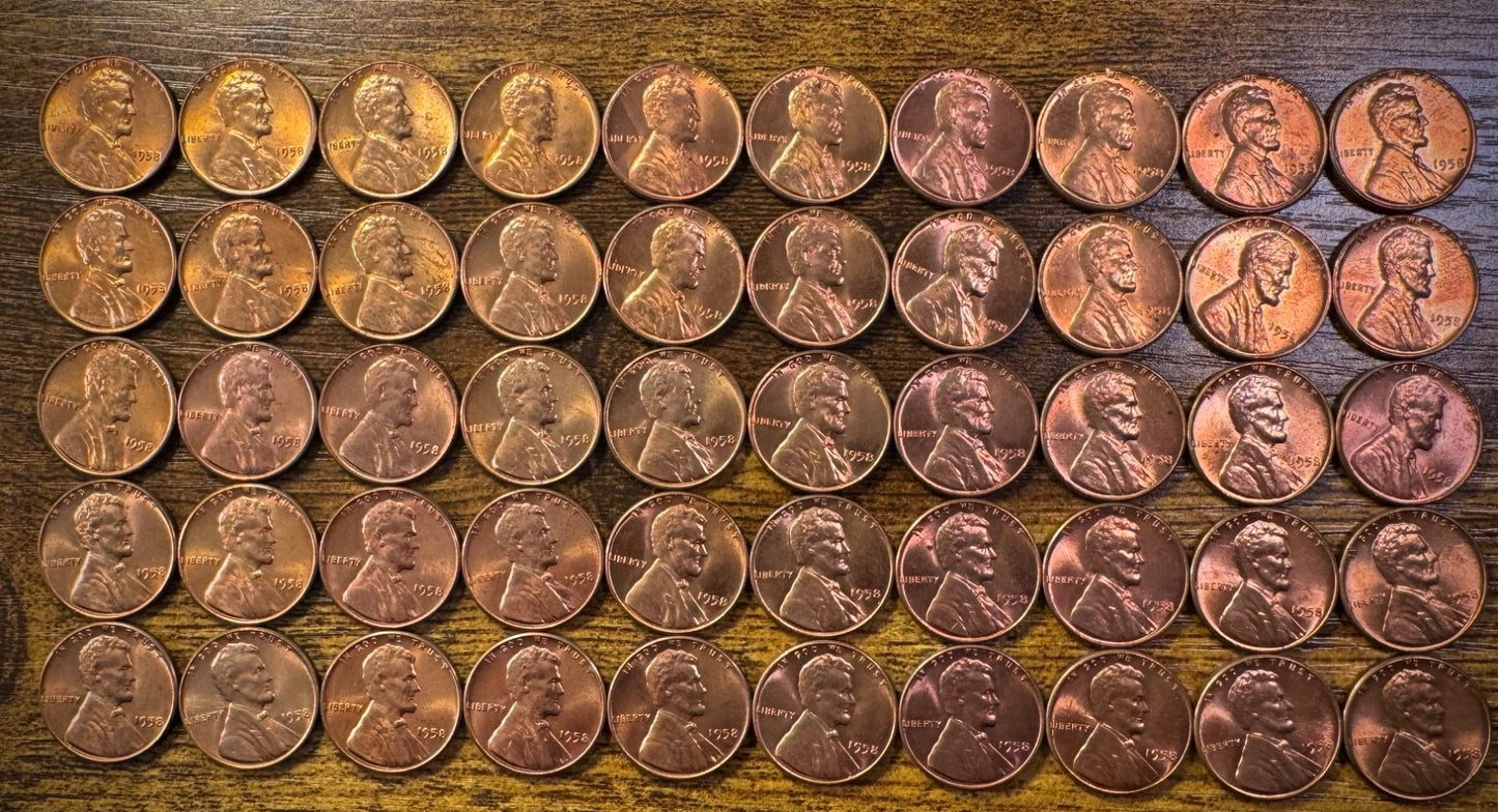 1958 Lincoln Wheat Cent Penny Red One (1) Uncirculated Roll With 50 Coins0