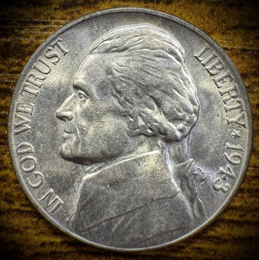 1943-P Uncirculated US Jefferson 5C World War II WW2 SILVER War Nickel0