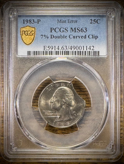 1983-P Washington Quarter PCGS MS63 MINT ERROR 7% Double Curved Clip TRUE VIEW1