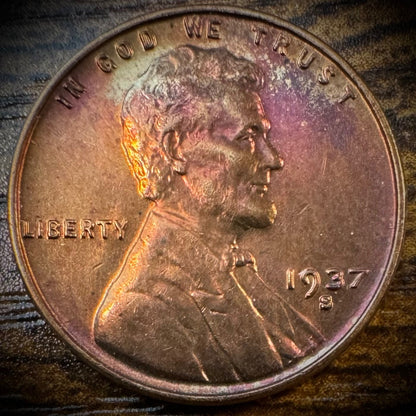 1937-S Lincoln Wheat Cent Penny Uncirculated Gorgeous Multi-color Toned VIDEO0