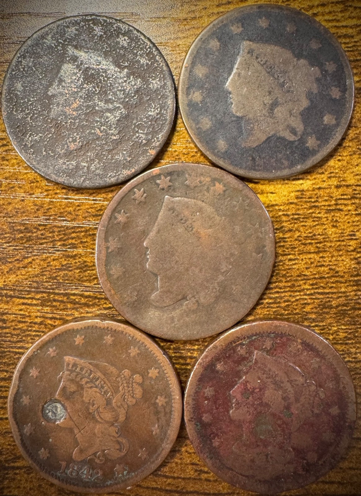 Lot Of 5 Large Cents Coronet Head Matron Style Braided Hair0
