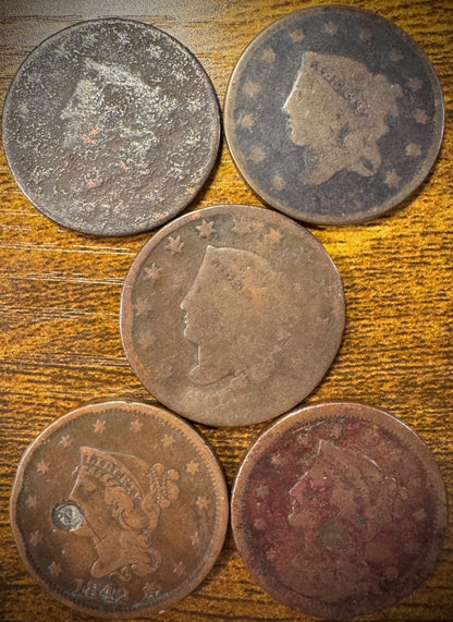 Lot Of 5 Large Cents Coronet Head Matron Style Braided Hair0