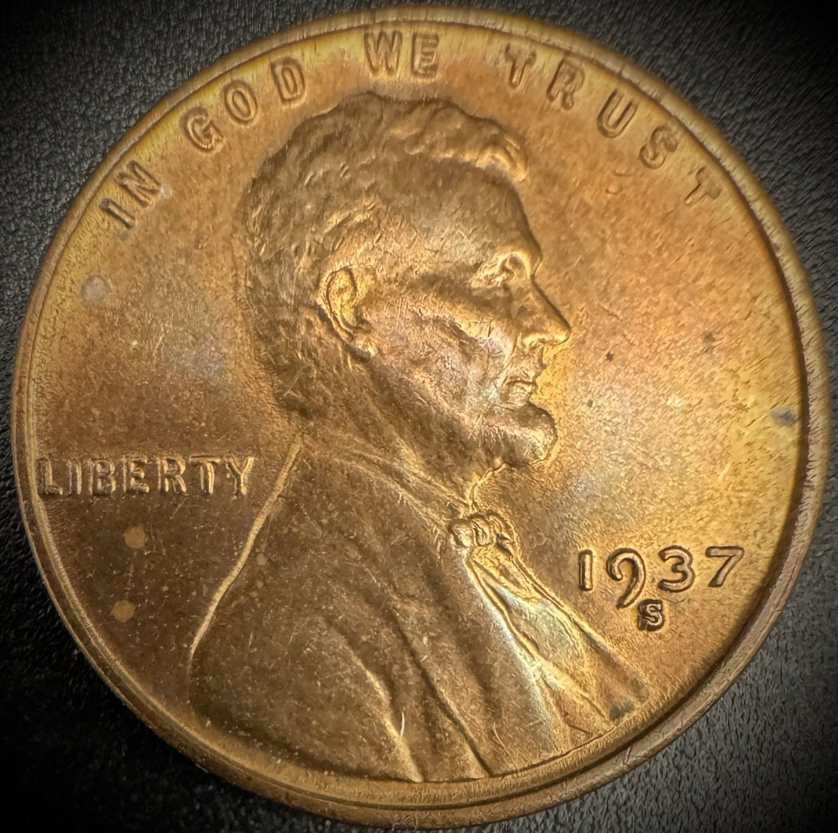 1937-S Lincoln Wheat Penny Cent Uncirculated Red Blue TONING0