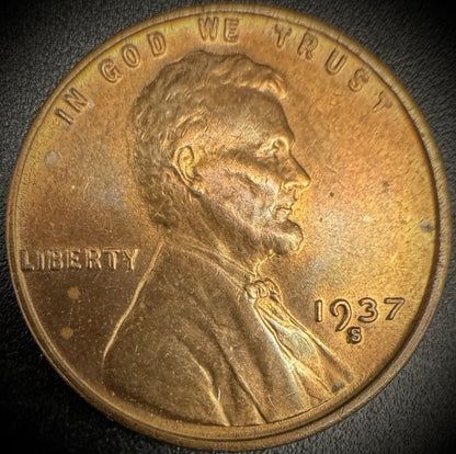 1937-S Lincoln Wheat Penny Cent Uncirculated Red Blue TONING0
