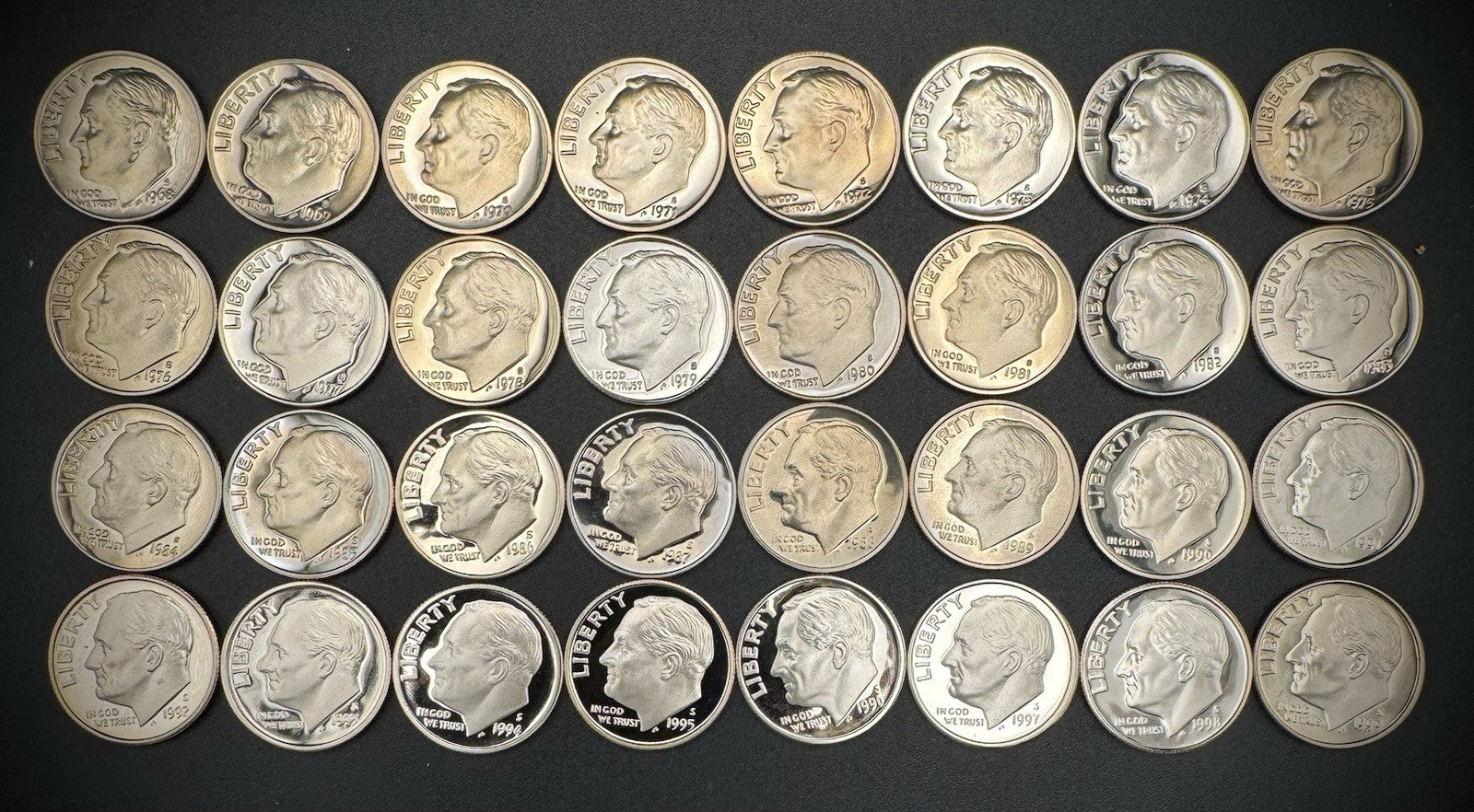 1968-1999 S Roosevelt Dime GEM PROOF Clad 32 Coin 20th Century Collection Set1