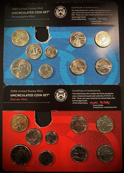 2026 US Mint Uncirculated 18 Coin Set P & D Philadelphia & Denver NO PENNY0