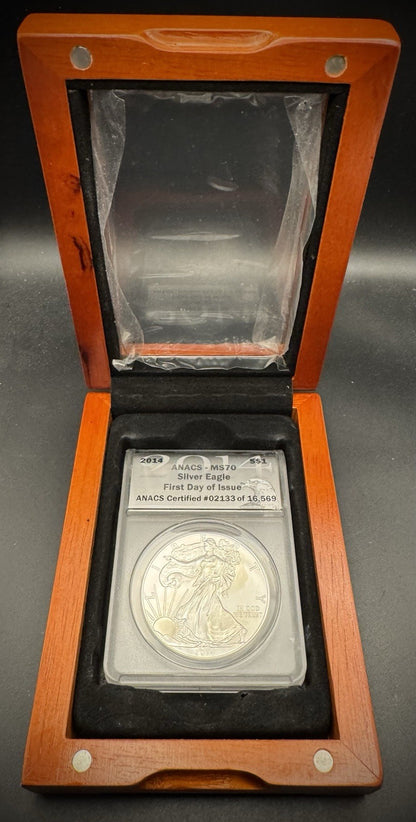 2014 American Silver Eagle ANACS MS70 First Day Of Issue Certified #02133/16,5691