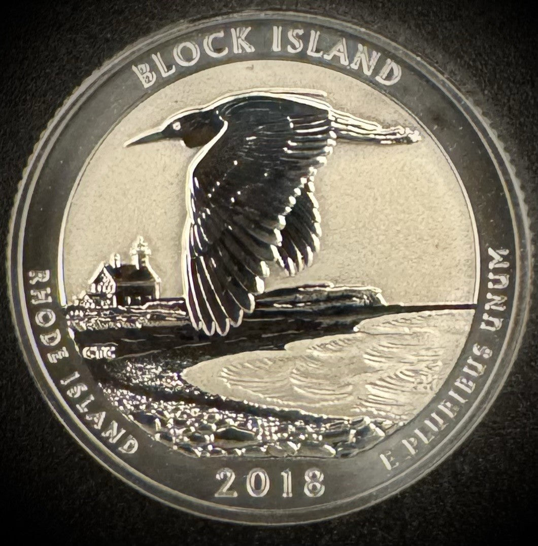 2018-S GEM REVERSE PROOF ATB Block Island 90% SILVER Quarter DEEP CAMEO0