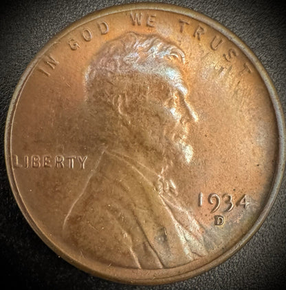 1934-D Lincoln Wheat Cent Penny Toned0