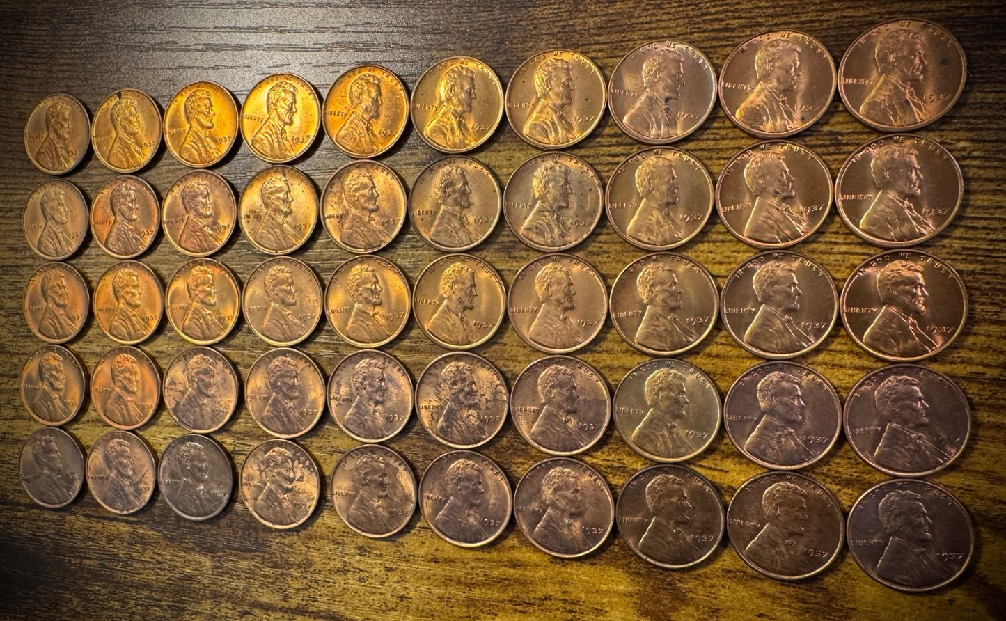 1937 Lincoln Wheat Cent Red-RB Toners Uncirculated Roll Of 50 Coins1