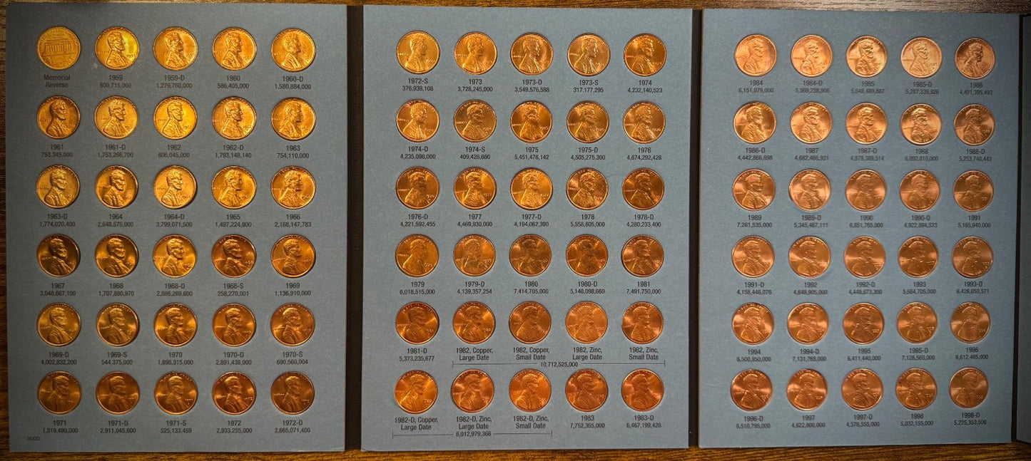 1959-1998 P D BU Lincoln Memorial Cent Set New Whitman 90 Coins 1982 7 Varieties0
