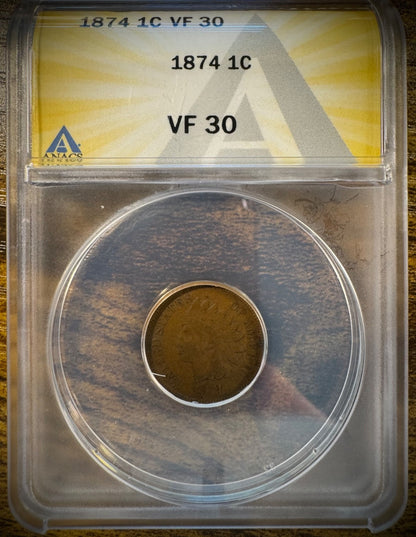 1874 1C Indian Head Cent Penny SEE VIDEO ANACS VF 30 SEMI-KEY Date0