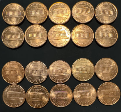 1990-1999 Lincoln Memorial Cent P D Uncirculated BU 20 Coin Lot From Rolls1
