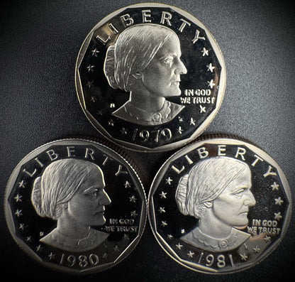 1979 1980 1981 S Susan B Anthony Gem PROOF Dollar Coin Set Of 3 Coins0