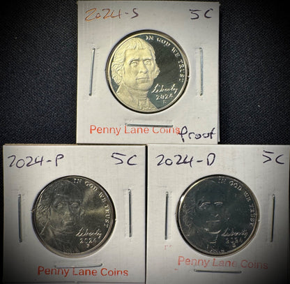 2024 Jefferson Nickel 5C P D S Uncirculated PROOF BU 3 Coin Lot0