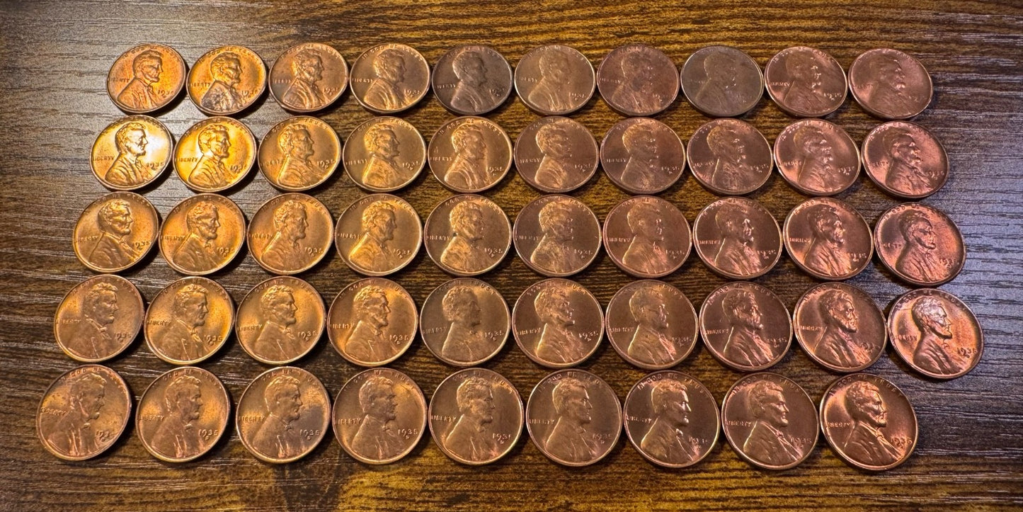 1935-D Lincoln Wheat Cent Mostly Red Uncirculated Roll Of 49 Coins3