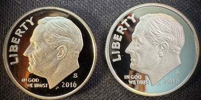 2016-S 90% SILVER And Clad GEM PROOF Roosevelt Dime 10C .900 Fine Lot Of 2 Coins0