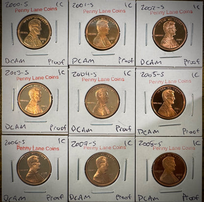 2000-2008 S Lincoln Memorial Cent GEM PROOF DEEP ULTRA CAMEO 9 Coin Lot Set0