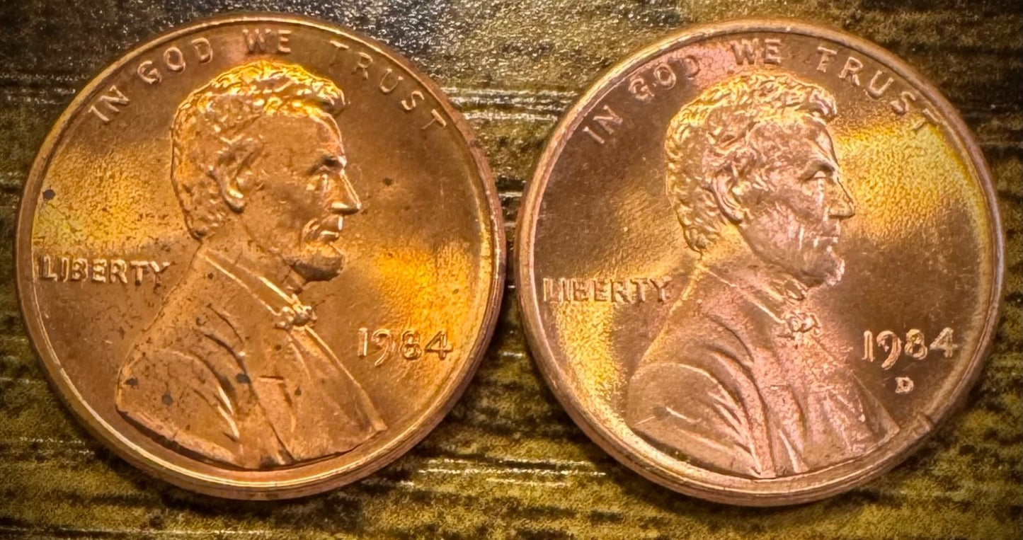 1984 P & D Lincoln Memorial Cent BU 2 Coin Set From Original Rolls0