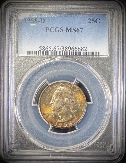 1958 D Silver Washington Quarter PCGS MS66 SEE VIDEO MULTICOLOR CARTWHEEL TONING0