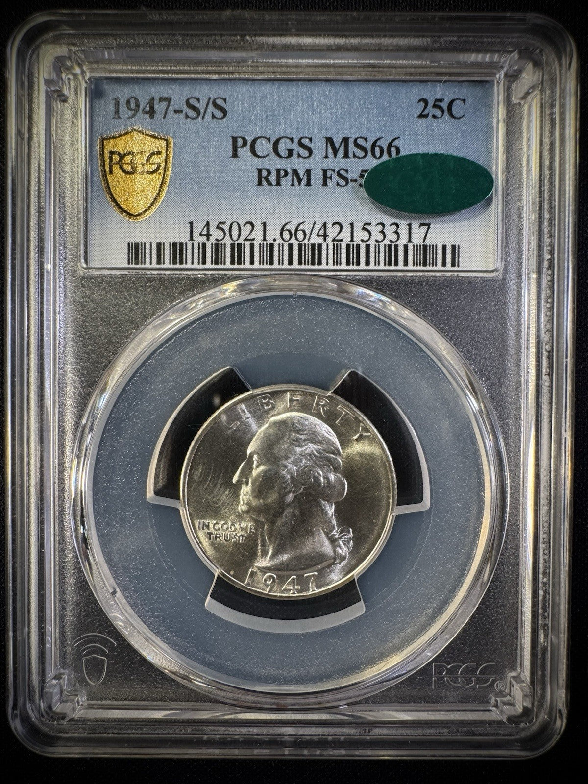 1947 S/S Washington Silver Quarter 25C PCGS CAC MS66 RPM FS 501 BLAST WHITE0