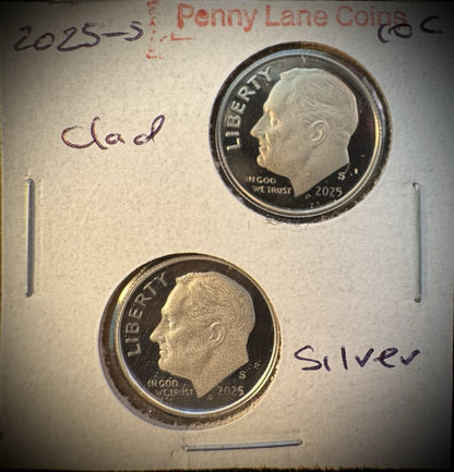 2025-S 99.9% SILVER And Clad PROOF Roosevelt Dime 10C .999 Fine Lot Of 2 Coins6