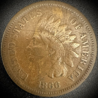 1866 Indian Head Cent Penny SEMI-KEY Date Coin0